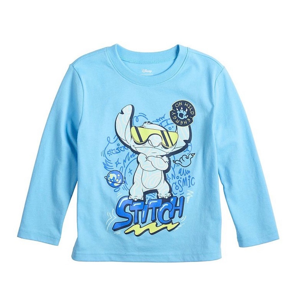 Disney Toddler Boys Stitch Graphic Long Sleeve Tee 4T Blue Cotton Blend New